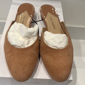 Paul Andre suede slides patent trim and heel